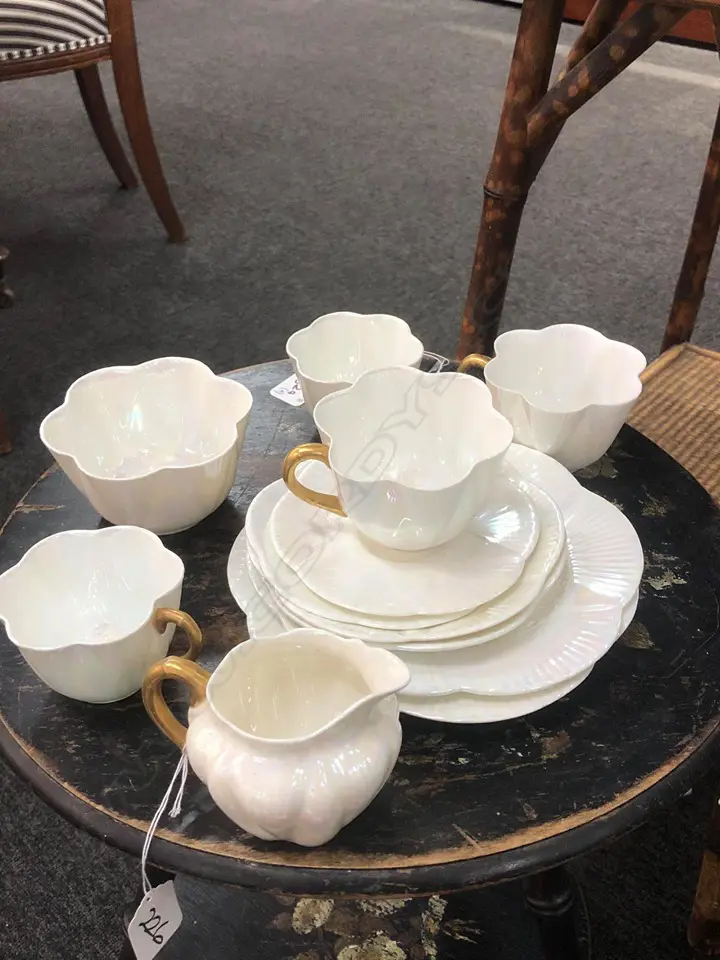 12 PCE FOLEY SPANO-LUSTRA IRIDESCENT GLAZE CHINA INCL. JUG, TWO TEACUPS, SAUCERS AND PLATES, 2 COFFEE CUPS AND PLATES Image 1++