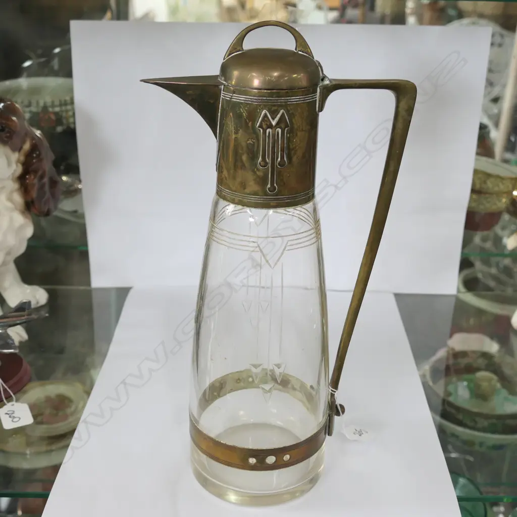 ARTS & CRAFTS CUT GLASS & BRASS WATER JUG  Image 1++
