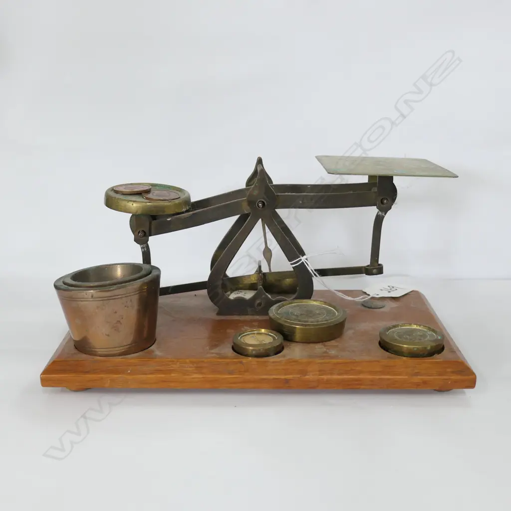 OLD BRASS LETTER BALANCE SCALES MAHOGANY BASE Image 1++