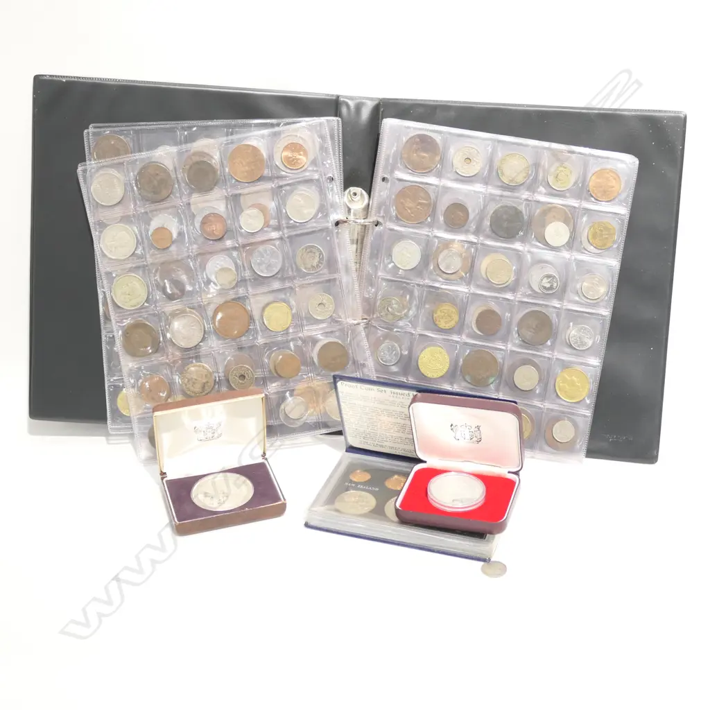 COIN ALBUM WITH ASST WORLD COINS+ NZ PROOF SETS Image 1++