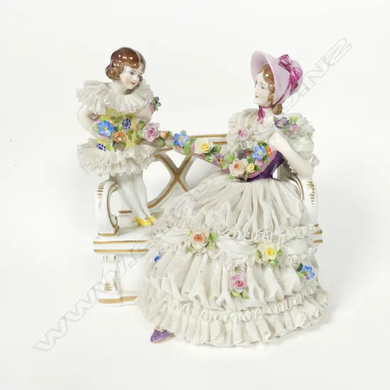DRESDEN LACE PORCELAIN FIGURINE, MOTHER & CHILD, H.140MM