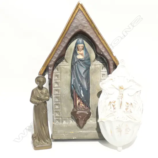 3 RELIGIOUS ITEMS; MARY STATUE, ST. GERADUS BRONZE, HOLY WATER HOLDER