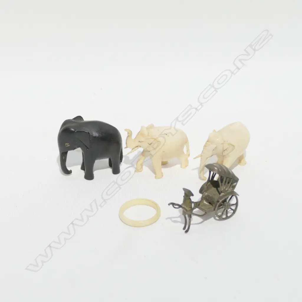 SILVER PLATE RICKSHAW/2 IVORY ELEPHANTS/1 EBONY ELEPHANT Image 1++