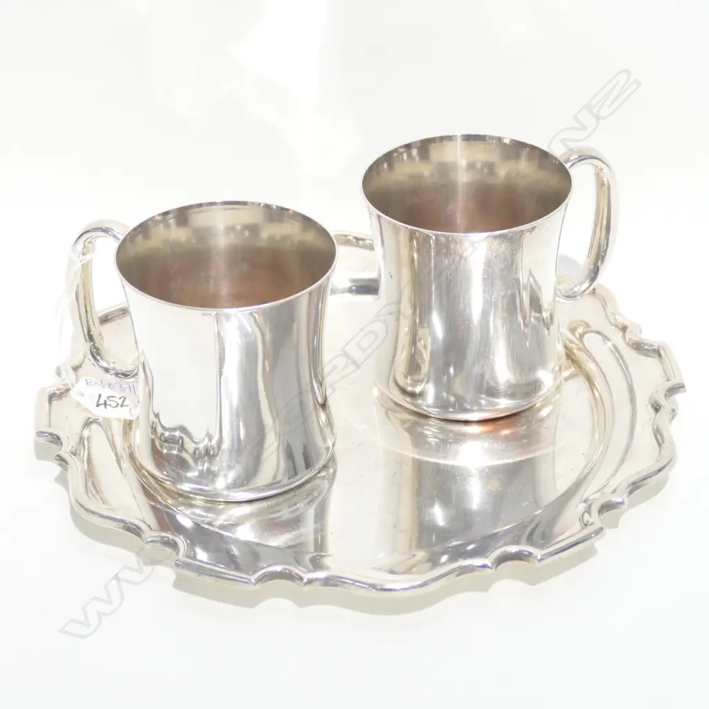3 PCES REPRODUCTION SILVER OVER COPPER OLD SHEFFIELD PLATE; TRAY AND TWO TANKARDS Image 1++
