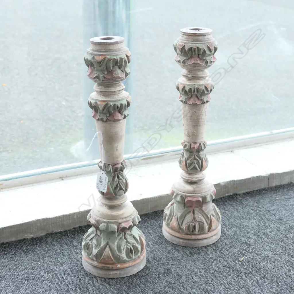 PAIR OF VINTAGE CARVED WOODEN CANDLESTICKS 410MM H Image 1++