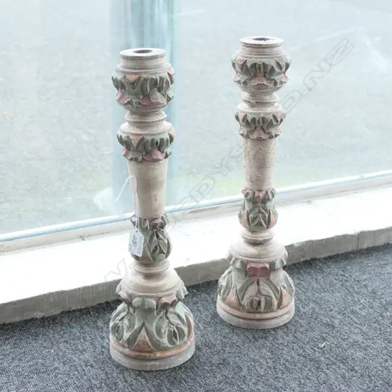PAIR OF VINTAGE CARVED WOODEN CANDLESTICKS 410MM H