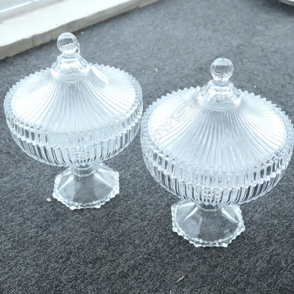 PAIR FRENCH BON-BON LIDDED FOOTED DISHES ONE WITH SMALL CHIP 290MM H Image 1++