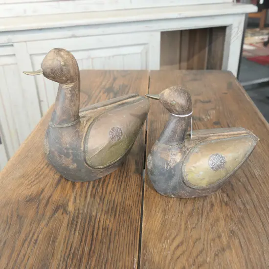 TWO VINTAGE CARVED WOODEN DUCKS 200MM L