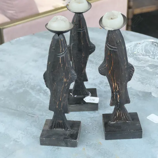 3 CARVED WOODEN FISH ORNAMENTS, CANDLES REMOVEABLE 