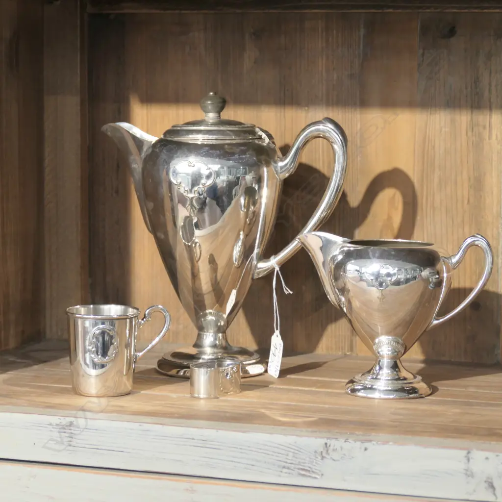 TRIPLE S/PLATE COFFEE POT 230MM H, MATCHING JUG, CUP AND NAPKIN SIR JOHN BENNETT LTD Image 1++