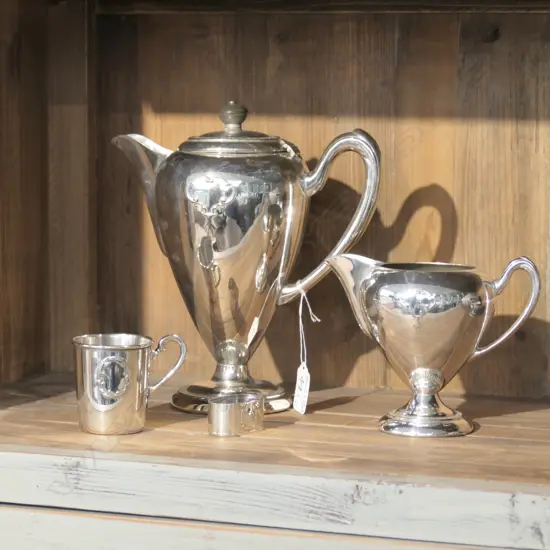 TRIPLE S/PLATE COFFEE POT 230MM H, MATCHING JUG, CUP AND NAPKIN SIR JOHN BENNETT LTD