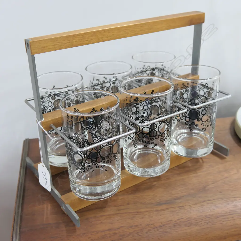 SET OF SIX MID-CENTURY / RETRO GLASSES IN CARRY STAND Image 1++