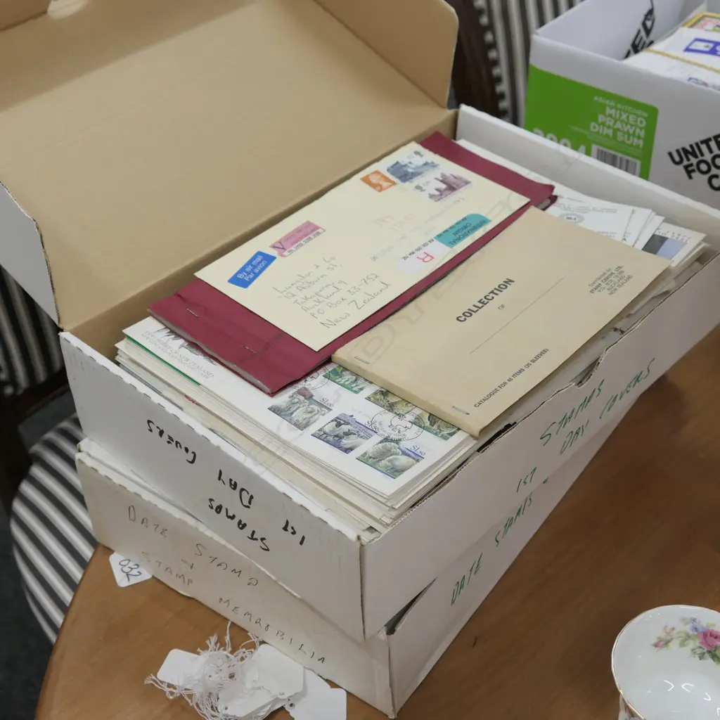 2 BOXES OF ASST STAMPS + FIRST DAY COVERS Image 1++