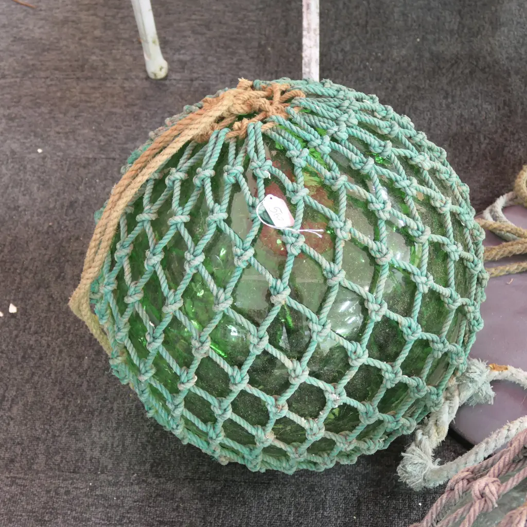 OLD LARGE GLASS FISHING FLOAT WITH NETTING... Image 1++