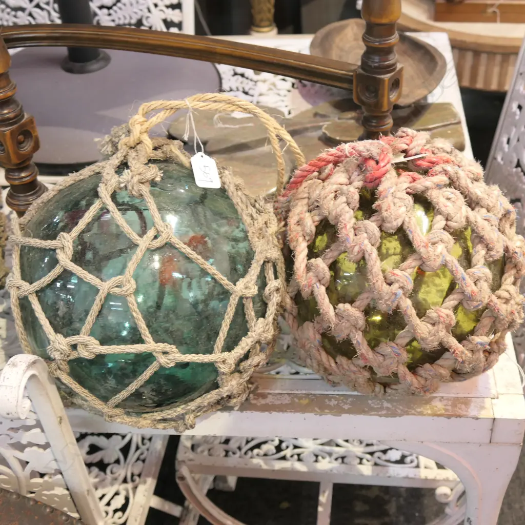 2 OLD GLASS FISHING NET FLOATS ROPE BOUND Image 1++