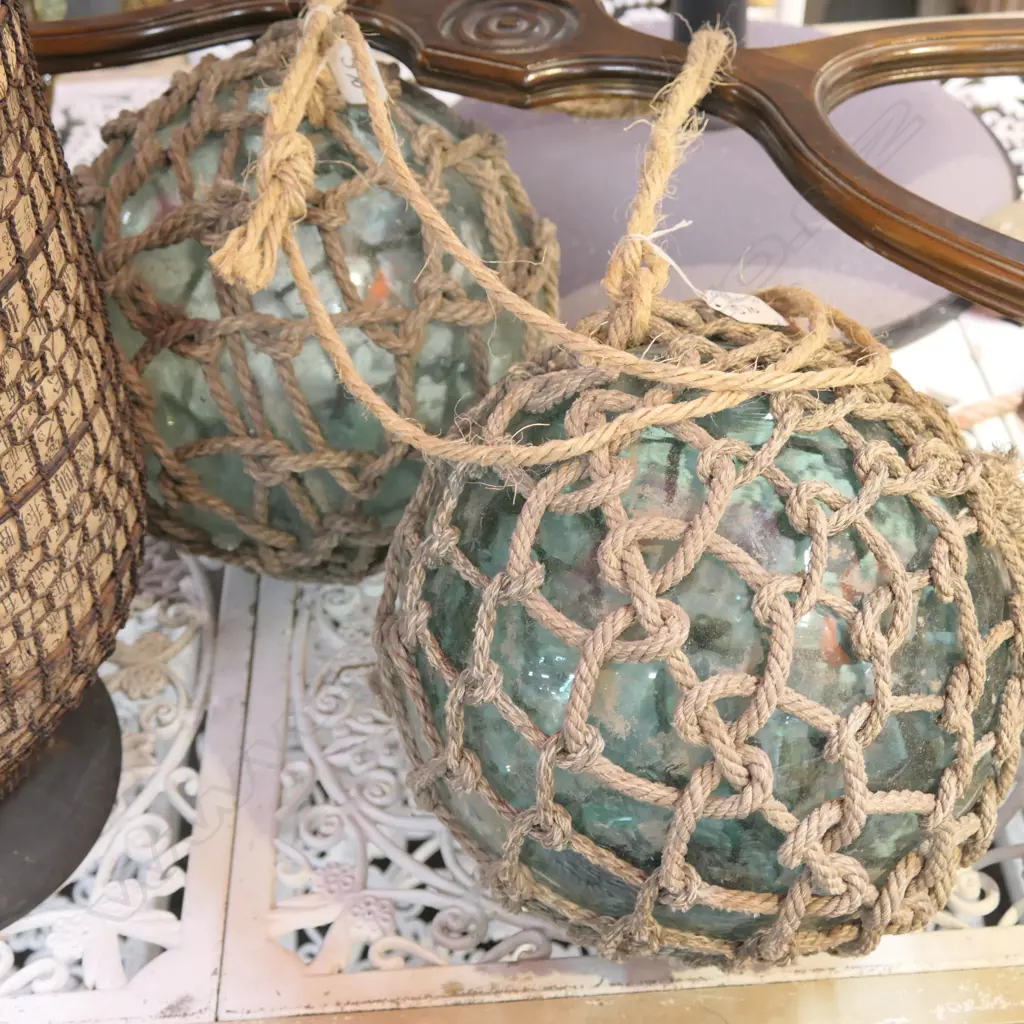 2 OLD GLASS FISHING NET FLOATS ROPE BOUND Image 1++