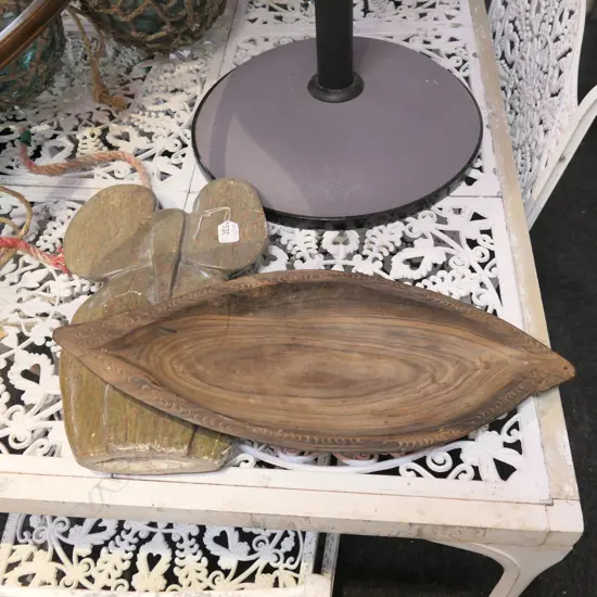 SOAPSTONE CARVED ELEPHANT 440MM H AND WOODEN DISH