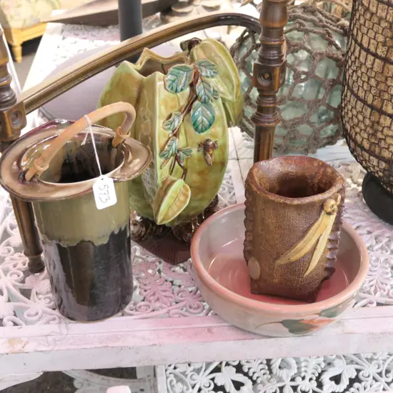 4 AUSTRALIAN CERAMIC ART VASES, GREEN WITH CHIPS