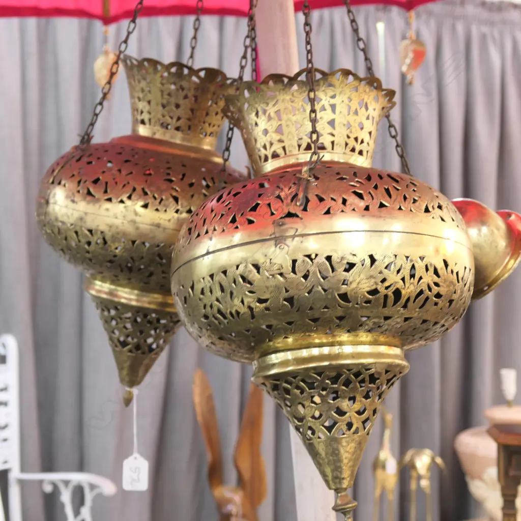 PAIR BRASS MOROCCAN HANGING LANTERNS Image 1++