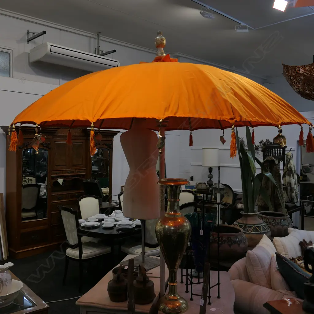 INDIAN STYLE ORANGE COTTON SUN UMBRELLA WITH GOLD HEART TRIM 2.7M H  Image 1++