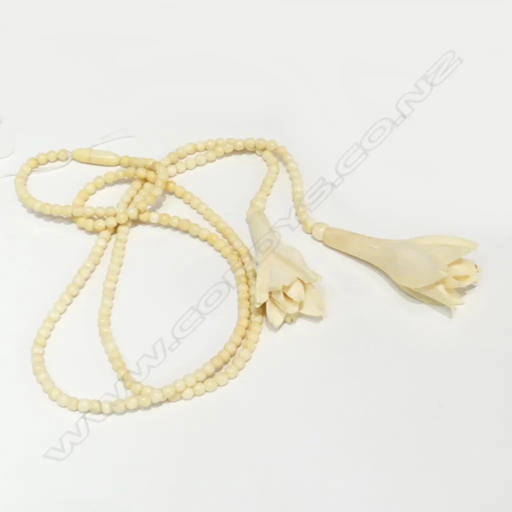 ANTIQUE CHINESE IVORY BEADS NECKLACES WITH ROSE TASSELS L. 900 MM Image 1++