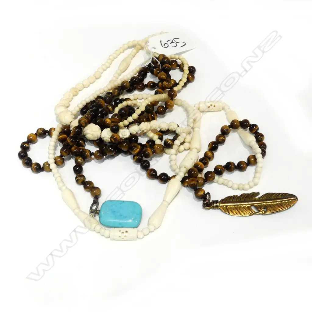 3 NECKLACES: 2 CARVED BONE + 1 TIGERS EYE Image 1++