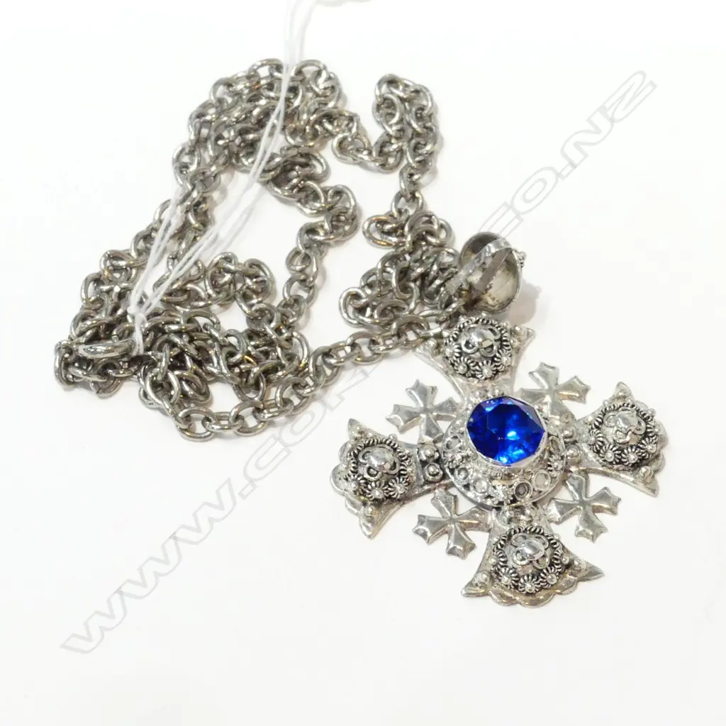 LARGE SILVER CROSS WITH BLUE STONE & PLATED CHAIN Image 1++