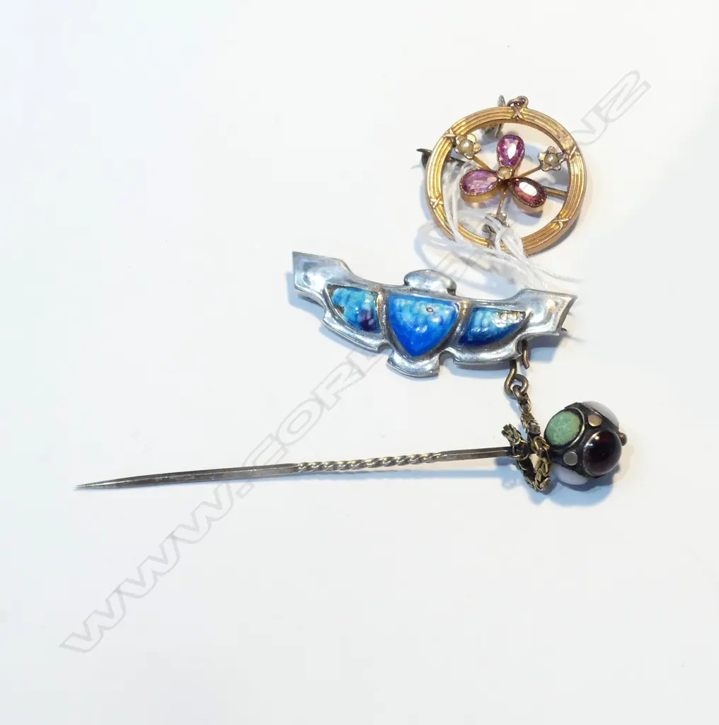 SIL ARTS & CRAFTS ENAMEL BROOCH, AF; STICK PIN; PINK STONE SEED PEARL BROOCH Image 1++