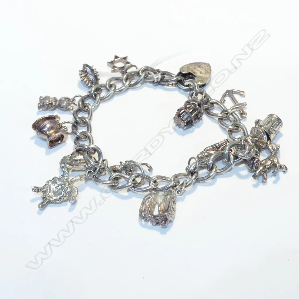 STG SILVER CHARM BRACELET w PADLOCK CLASP, SAFETY CHAIN & 14 CHARMS Image 1++