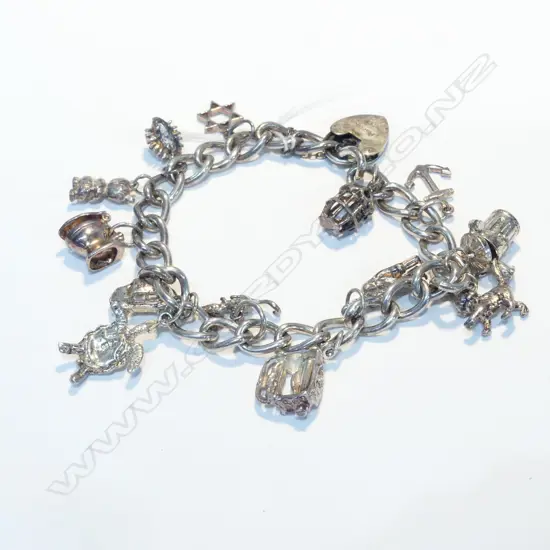 STG SILVER CHARM BRACELET w PADLOCK CLASP, SAFETY CHAIN & 14 CHARMS