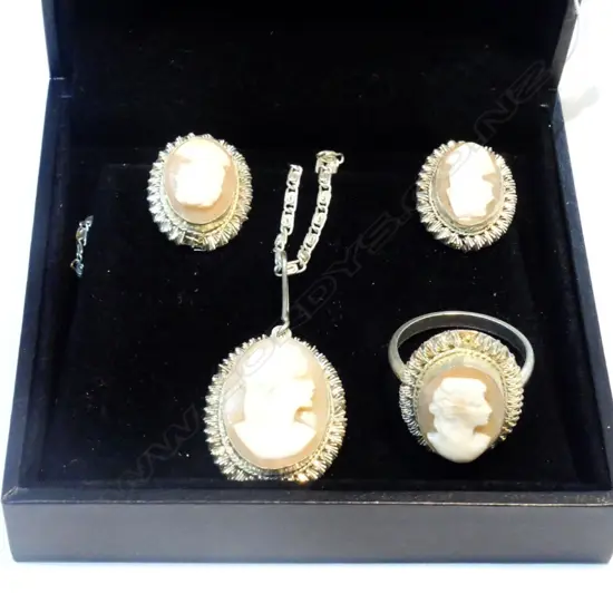 SILVER CAMEO SET, RING, PENDENT, EARRINGS