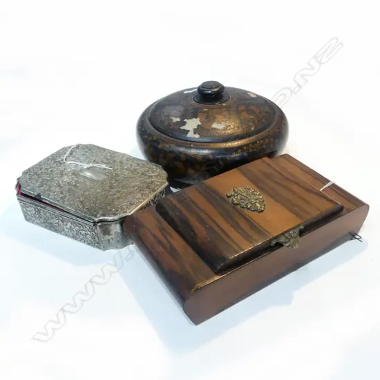 3 JEWELLERY BOXES; (2 WOOD 1 METAL, AF.) & CONTENTS