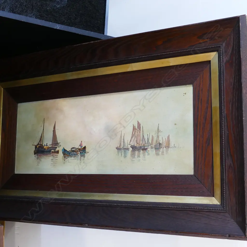 C. 1900 OIL BOAT SCENE IN EARLY OAK FRAME. WORK - 190 x 495 Image 1++