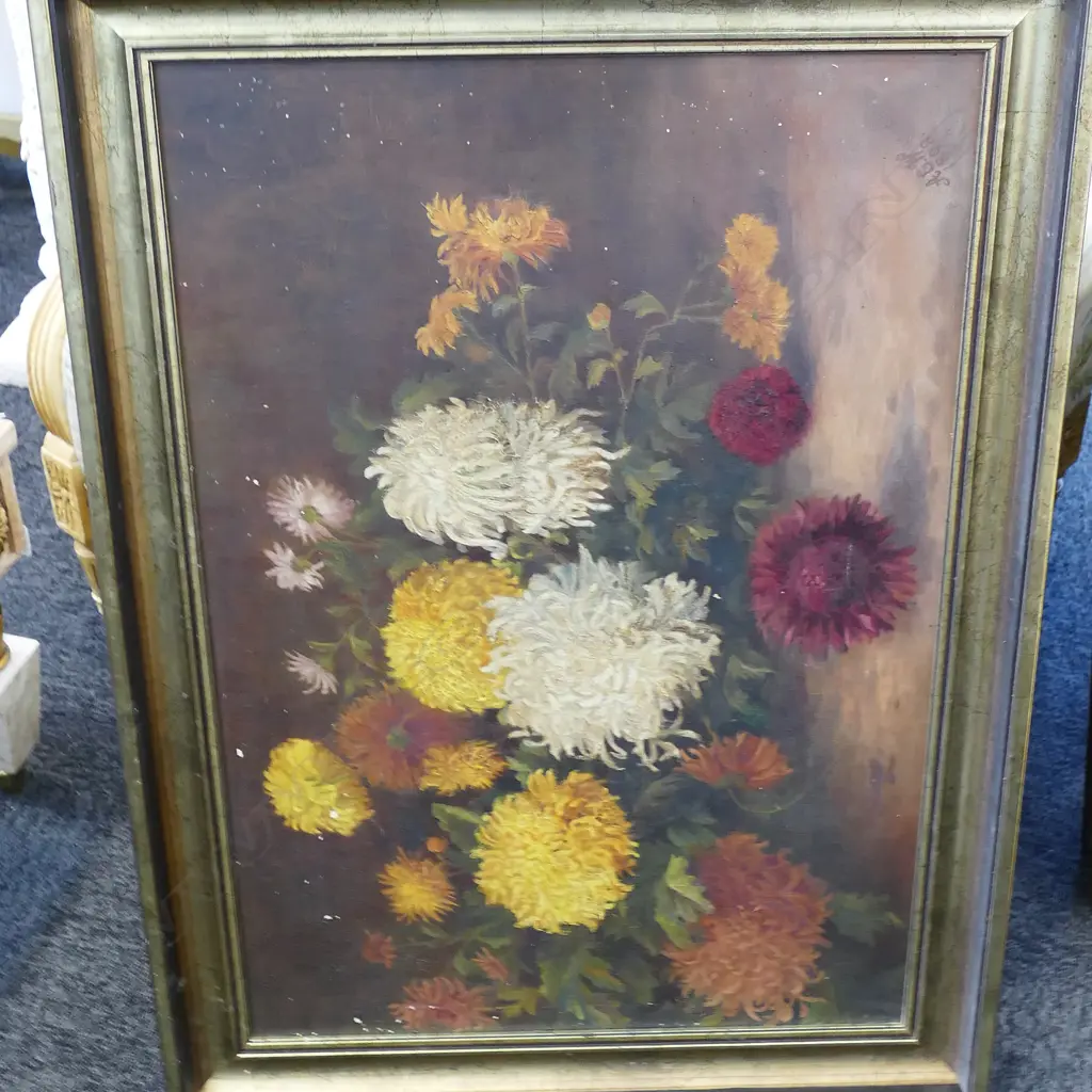 ANTIQUE OIL STILL LIFE INITIALED A. E. W. 1898. SOME MINOR PAINT CHIPPING ETC - 700 X 485MM Image 1++