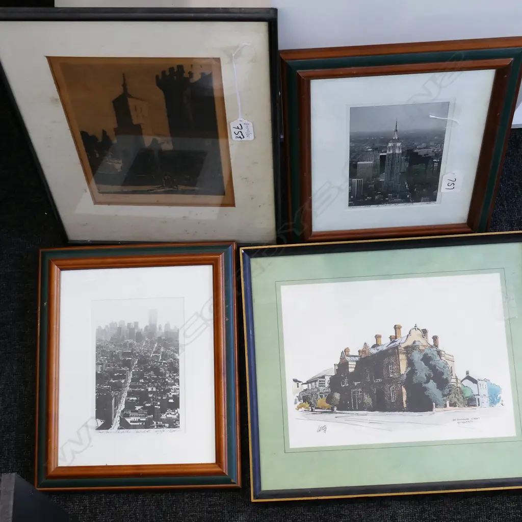 4 FRAMED ART WORKS  NEW YORK /ETCHING BY E TURNER +AUCKLAND SCENE Image 1++