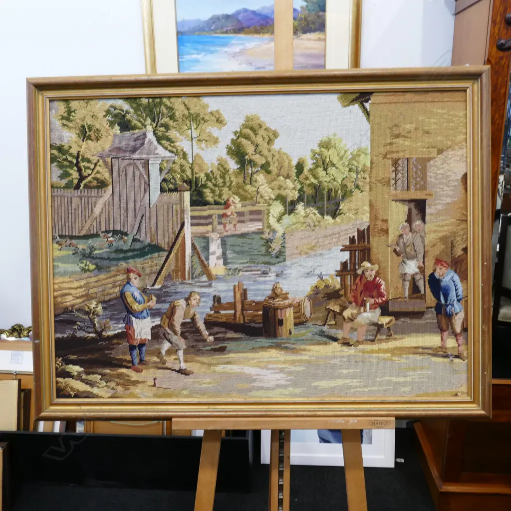 GROS POINT TAPESTRY, PLAYING BOWLS OUTSIDE A RIVERSIDE TAVERN Image 1++