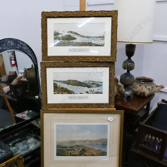 2 CHROMOLITHOS FROM 'NZ ILLUSTRATED', PINK & WHITE TERRACES 1889; + MIEN-SMITH AVON PRINT 'PETRE' 