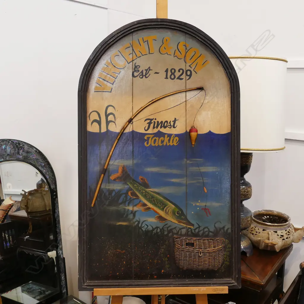 VINTAGE STYLE HAND PAINTED ADVERTISING SIGN FISHING TACKLE - 'VINCENT & SONS' 1000 X 600MM Image 1++