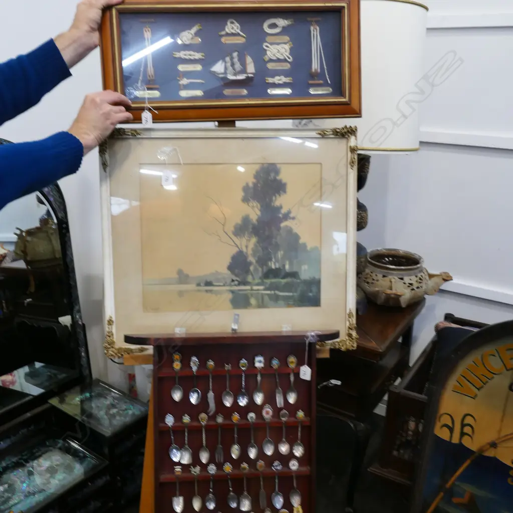 FRAMED NAUTICAL SAILING ROPES + OLD COLLEC. SPOONS & PRINT   Image 1++