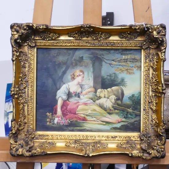 20thC ANTIQUE STYLE OIL PAINTING WOMAN & SHEEP