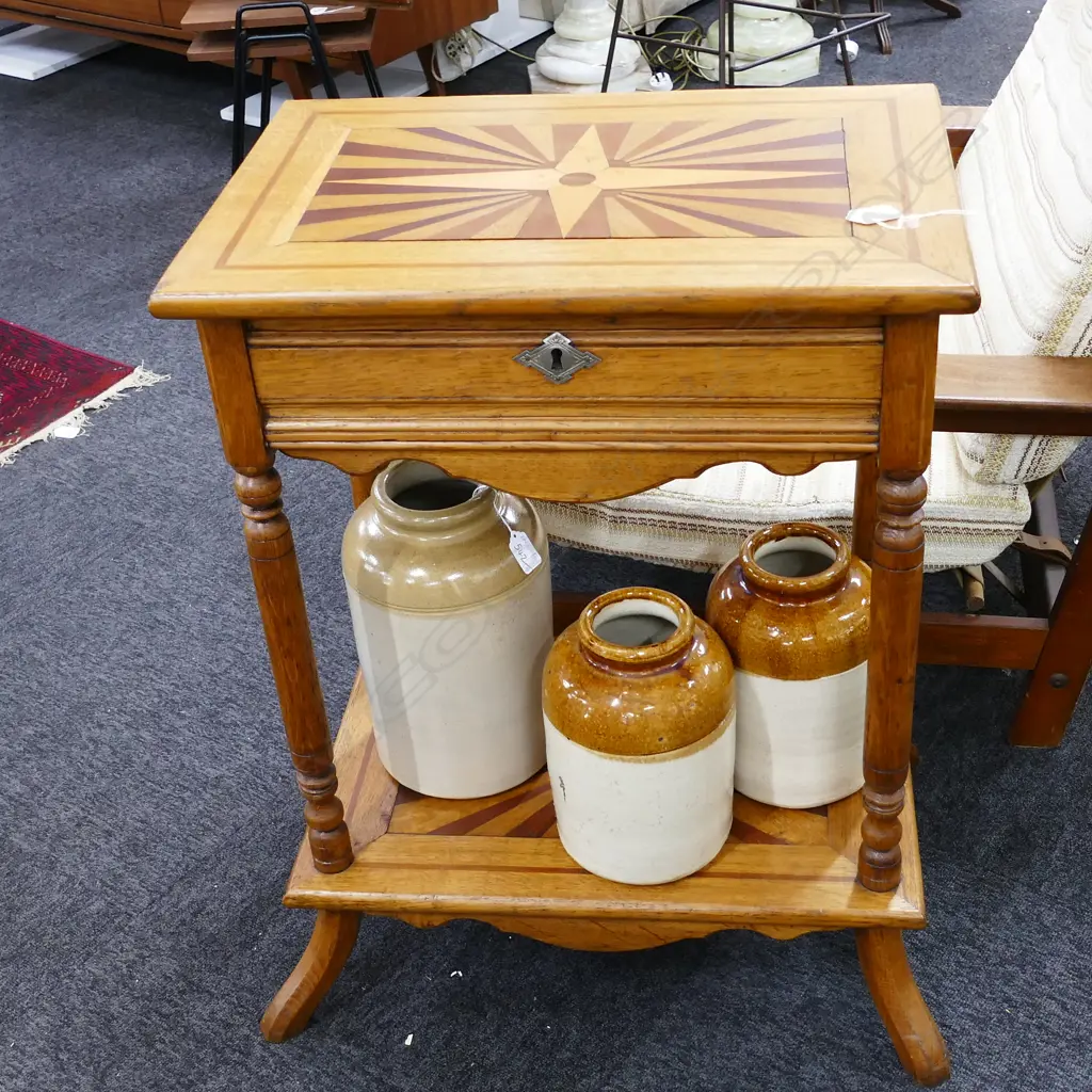 C.1890 OAK STAR-BURST INLAY WORK TABLE Image 1++