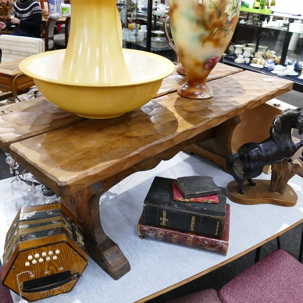 VINTAGE ADZED COFFE TABLE 2 SLAB PLANK TOP Image 1++