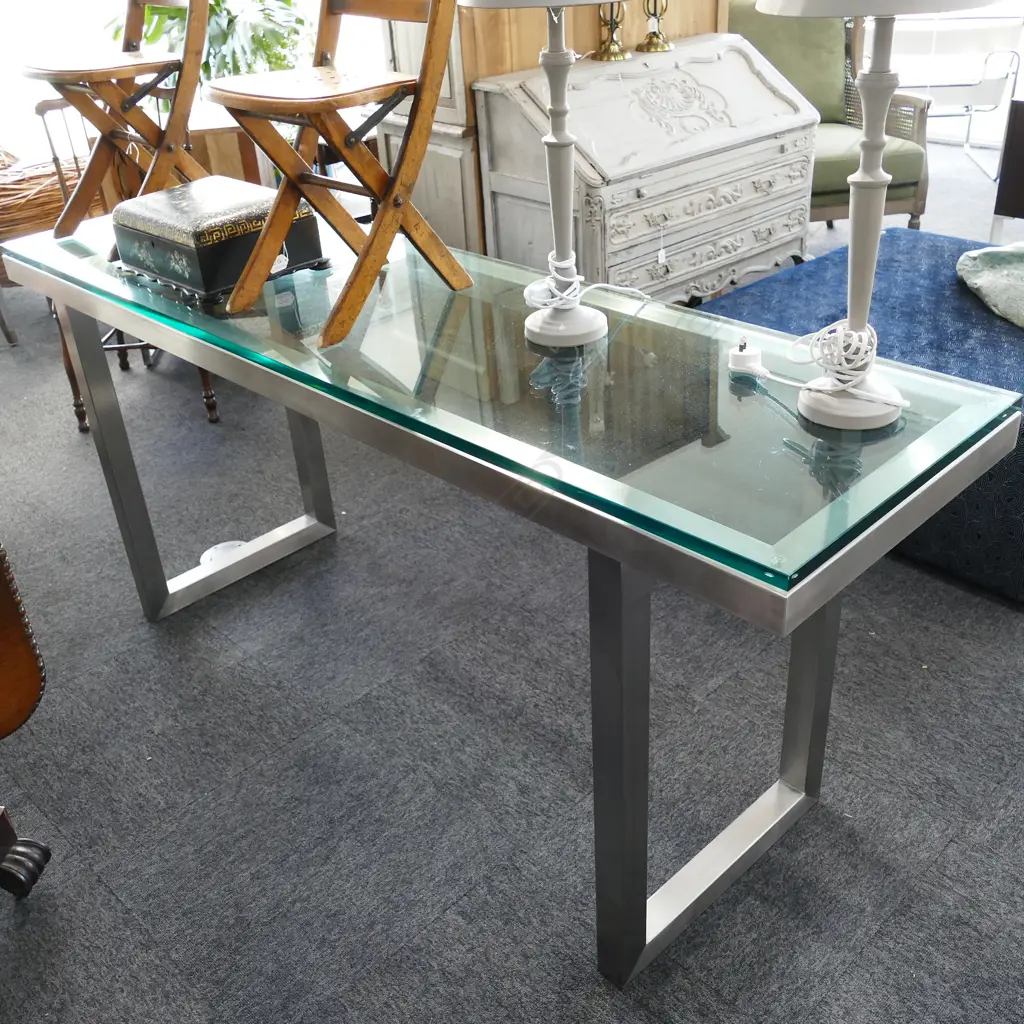 GLASS TOPPED STAINLESS CONSOLE TABLE Image 1++