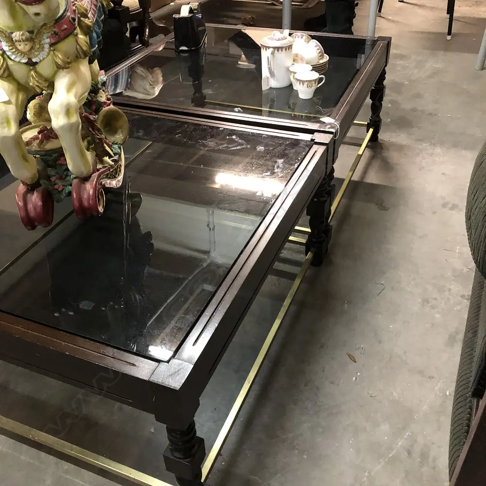 2 MAHOGANY AND BRASS GLASS TOP SIDE TABLES 720 X 720 MM Image 1++