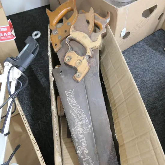 ASST VINTAGE HAND SAWS ONE MARKED DONAGHYS ROPE AND TWIN