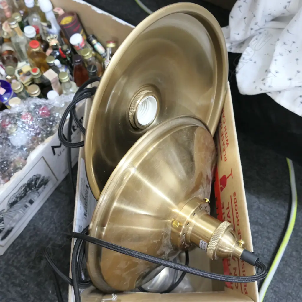 2 SPUN METAL HANGING LIGHT FITTINGS WITH BULBS Image 1++