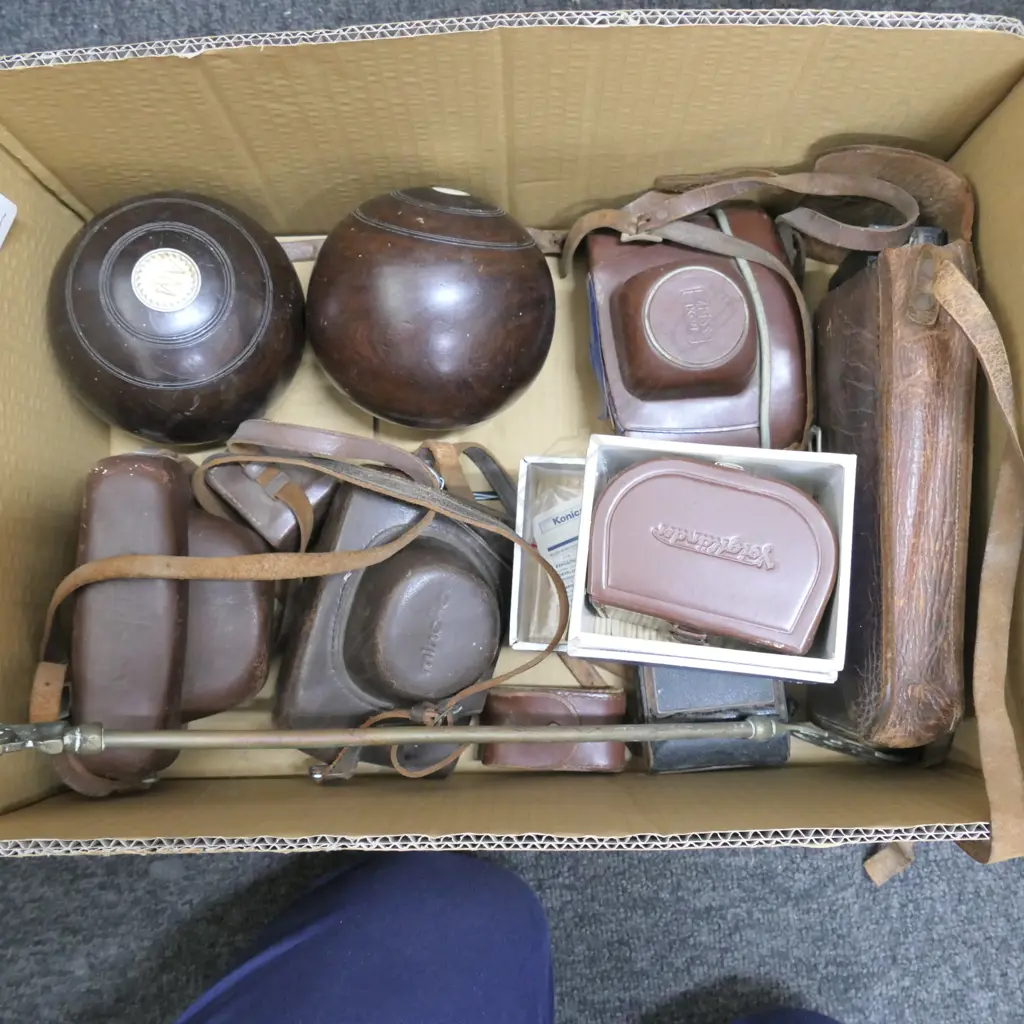 BOX LOT CAMERAS, BOWLING BALLS ETC Image 1++