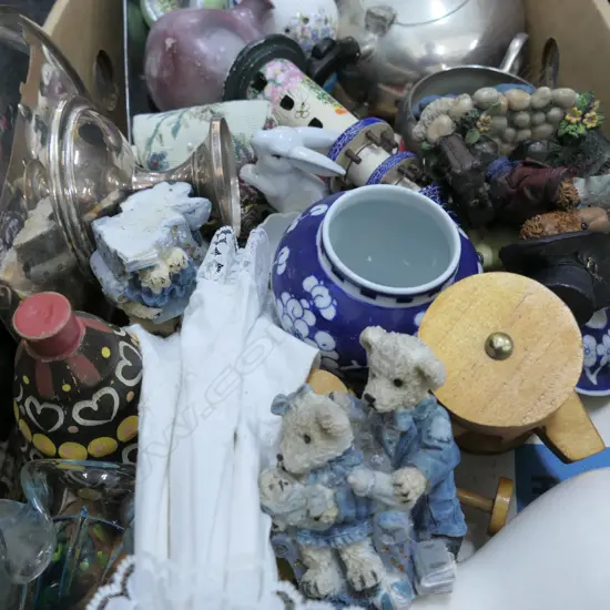 BOX LOT OF CHINA, SILVER PLATE ETC