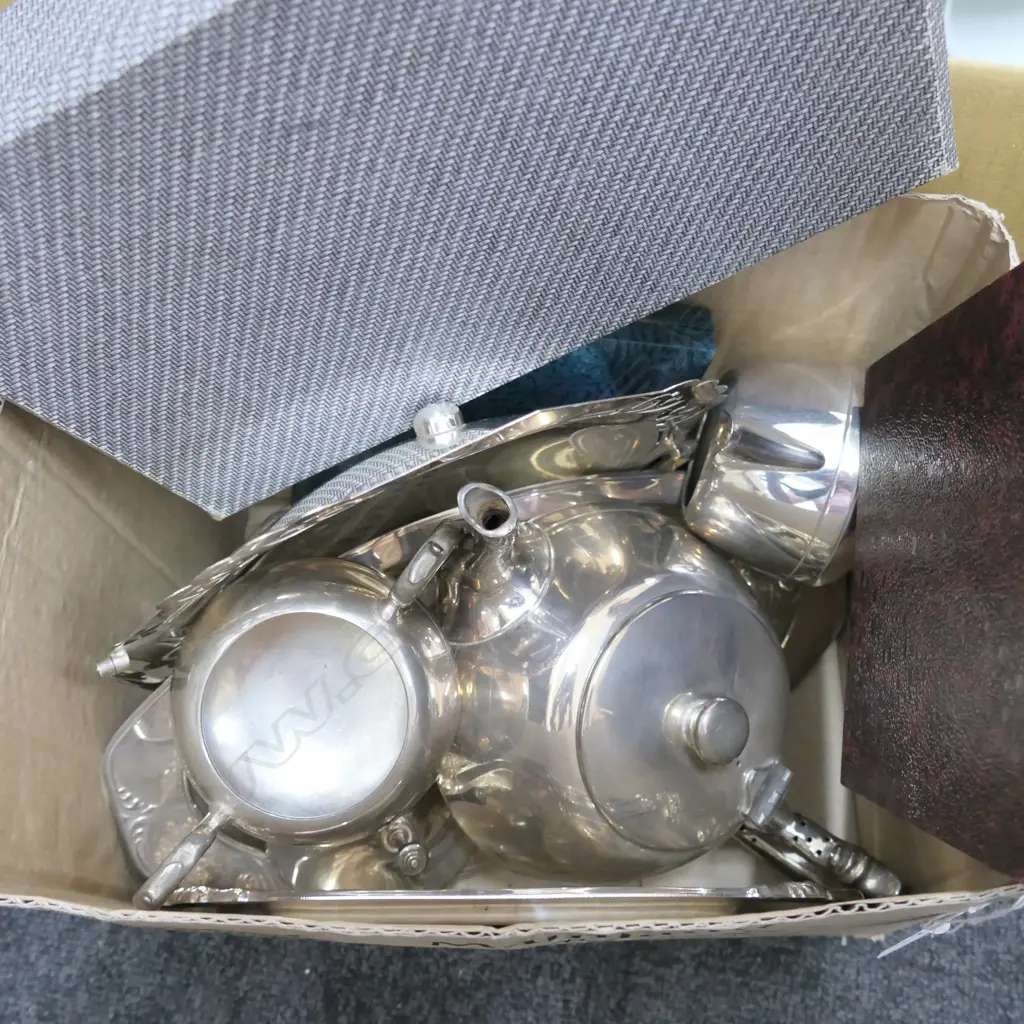 BOX LOT ASST. SILVER PLATE; BOXED SPOONS, TEAPOT ETC Image 1++