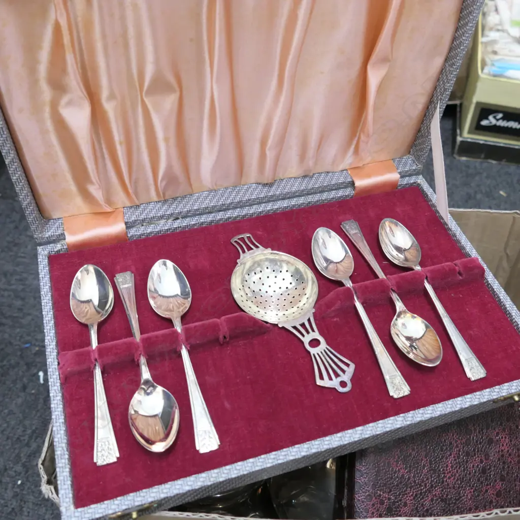 BOX LOT ASST. SILVER PLATE; BOXED SPOONS, TEAPOT ETC Image 1++
